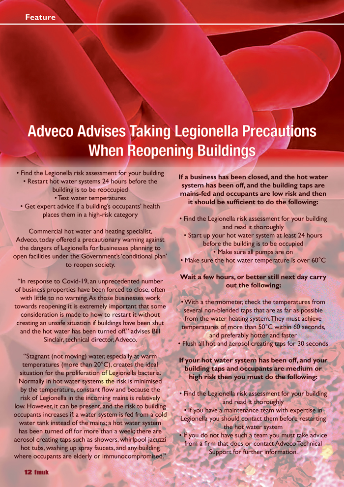 Adveco Advises Taking Legionella Precautions When Reopening Buildings