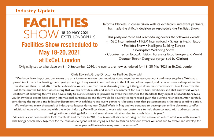 Facilities Show rescheduled to 18–20 May 2021 at ExCeL London