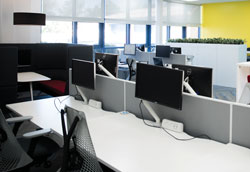 Row of computer monitors in an office