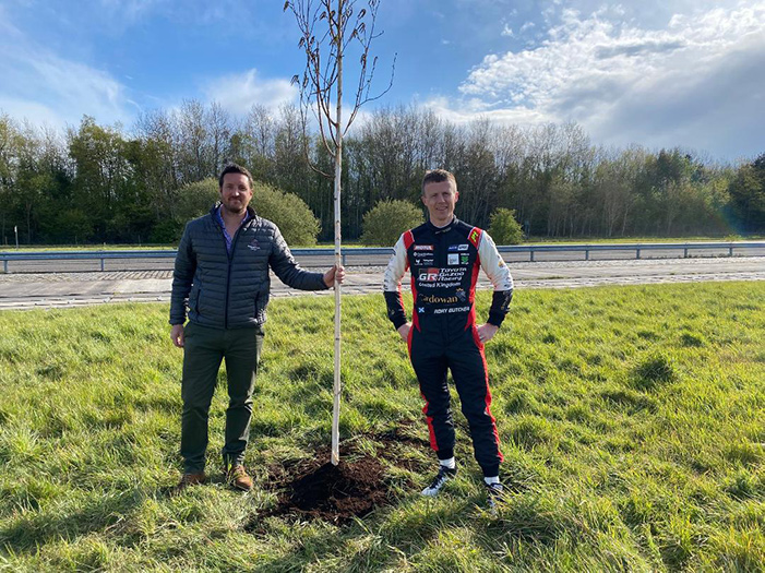 Adam Brindle and Toyota Gazoo Racing UK British Touring Car Championship star Rory Butcher next to a freshly planted tree