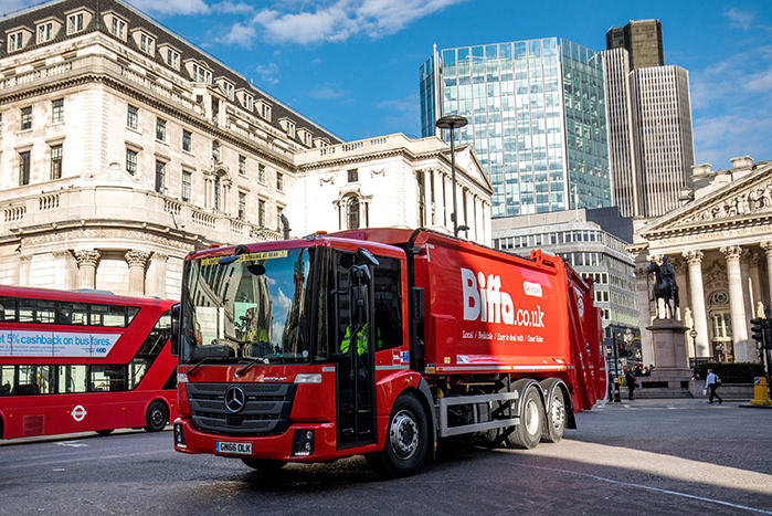 Biffa IC truck driving through London street