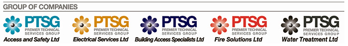 PTSG's 5 departments: Access and Safety Ltd, Electrical Services Ltd, Building Access Specialists Ltd, Fire Solutions Ltd, Water Treatment Ltd