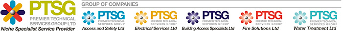 PTSG's 5 company banner - Access And Safety Ltd, Electrical Services Ltd, Building Access Specialists Ltd, Fire Solutions Ltd, and Water Treatment Ltd