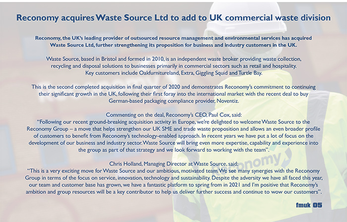 Reconomy Acquires Waste Source Ltd To Add To UK Commercial Waste Division