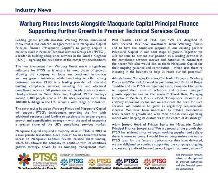 Warburg Pincus Invests Alongside Macquarie Capital Principal Finance Supporting Further Growth In Premier Technical Services Group