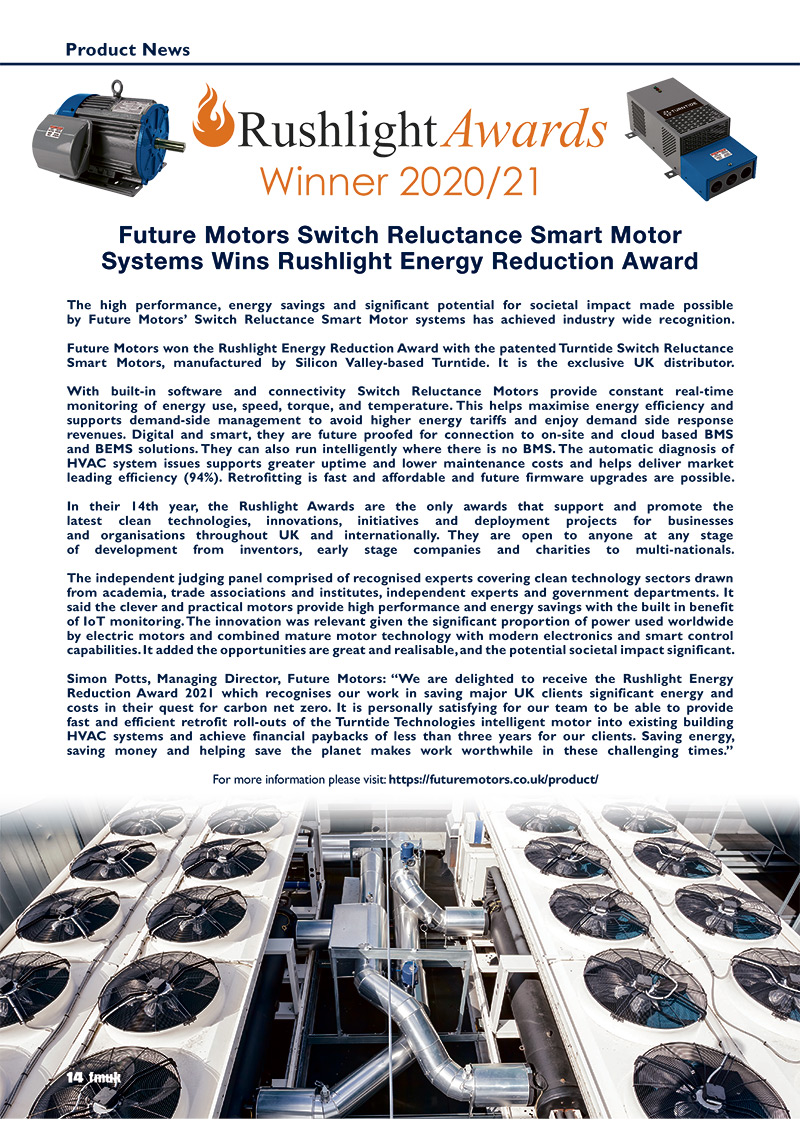 Future Motors Switch Reluctance Smart Motor Systems Wins Rushlight Energy Reduction Award