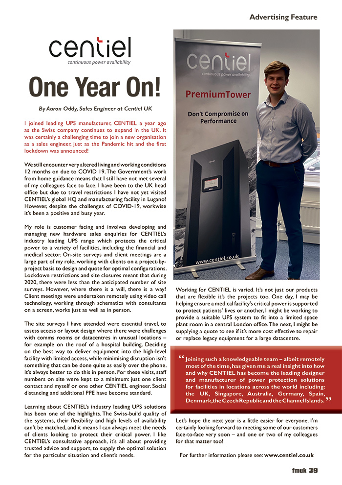 One Year On by Aaron Oddy, Sales Engineer at Centiel UK