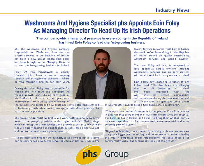 Washrooms And Hygiene Specialist phs Appoints Eoin Foley As Managing Director To Head Up Its Irish Operations