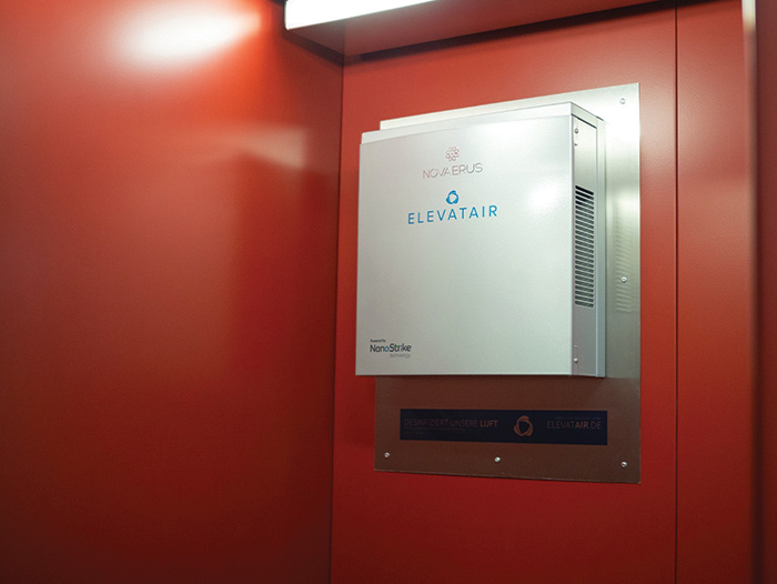 An Elevatair unit from Novaerus installed in an elevator, providing the first line of defence against airborne viruses and bacteria