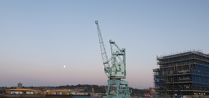 The Blue Boar Wharf shipping crane in Rochester riverside in Kent