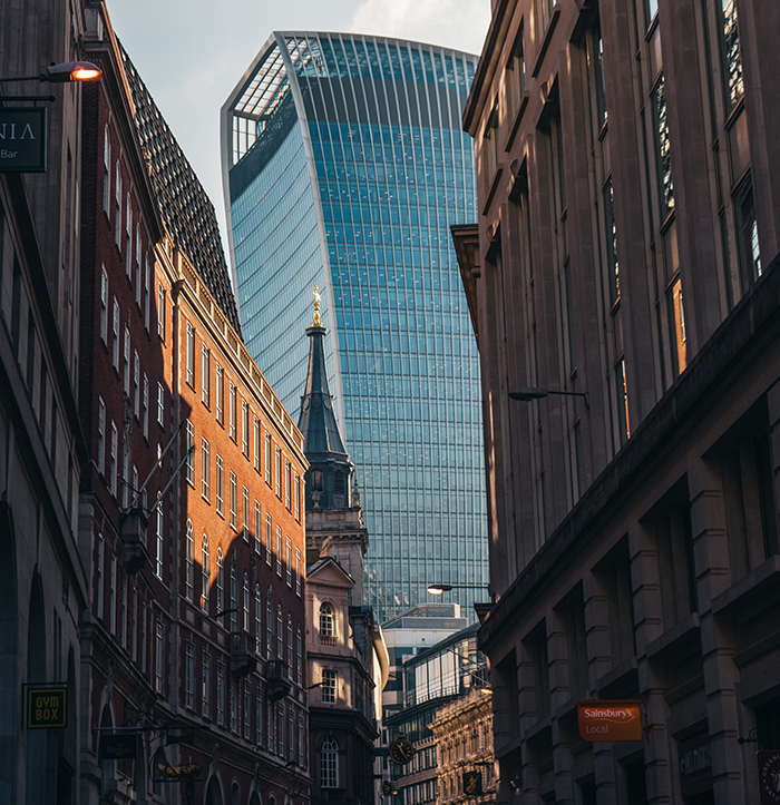 A view looking down a London street at 20 Fenchurch Street, The ‘Walkie-Talkie'