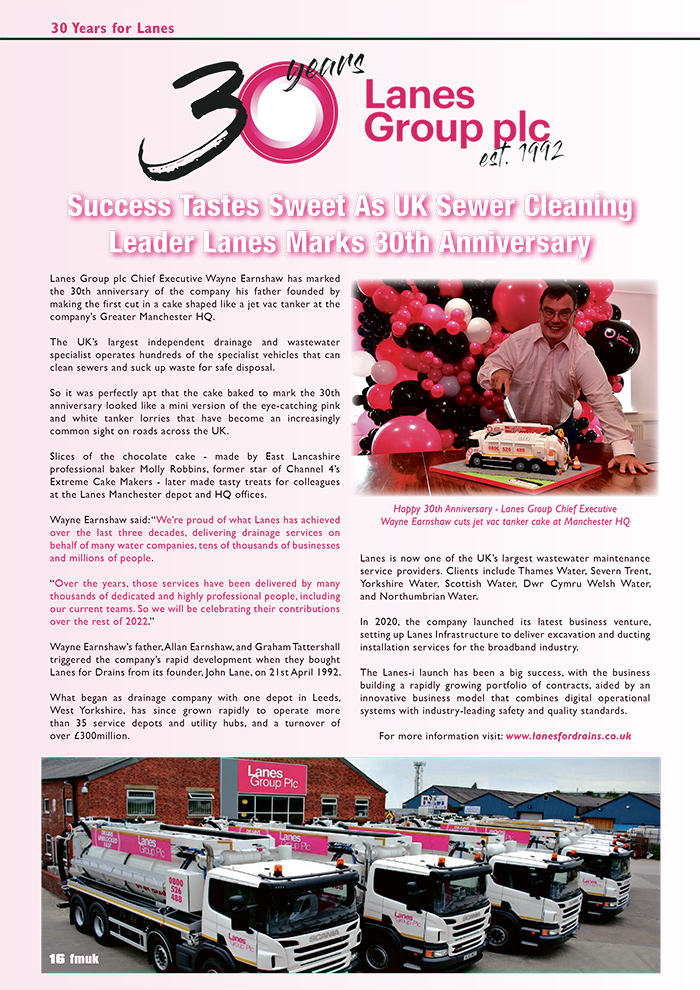 Success Tastes Sweet As UK Sewer Cleaning Leader Lanes Marks 30th Anniversary