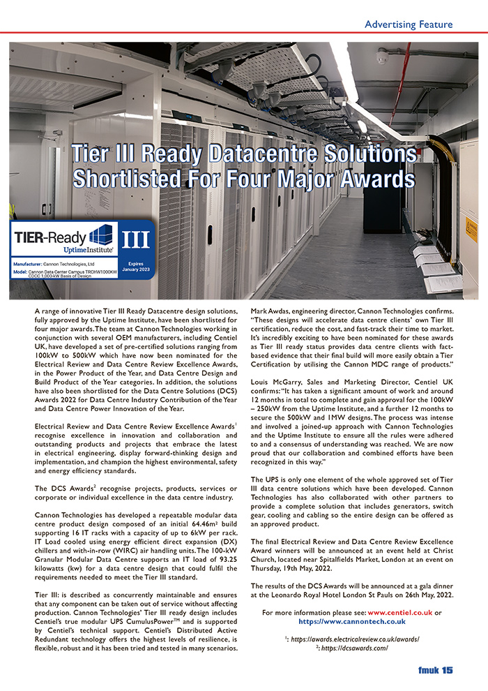 Tier III Ready Datacentre Solutions Shortlisted For Four Major Awards