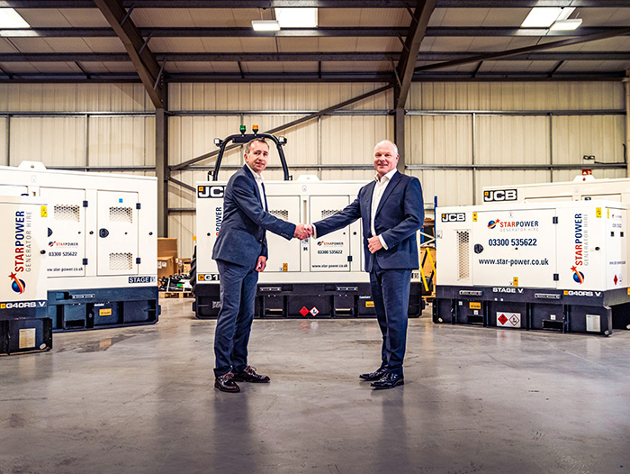 Star Power Head of Power Paul Ridley, left, seals the deal on the £3 million order for JCB generators with Watling JCB Sales Director Chris Armitage.