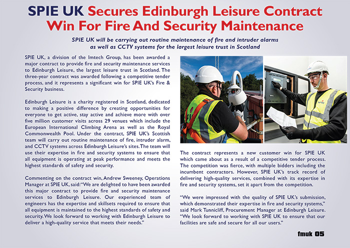 SPIE UK Secures Edinburgh Leisure Contract Win For Fire And Security Maintenance