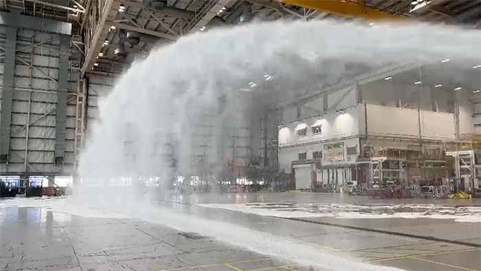 Water cannon at Virgin Atlantic's hangar at Heathrow