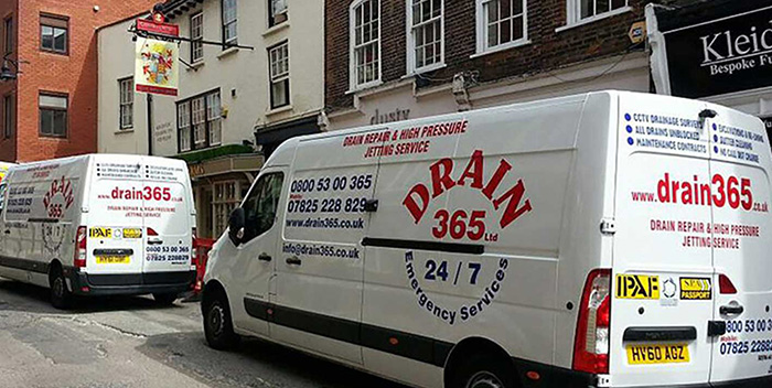 Two Drain 365 vans - drain repair and high pressure jetting services