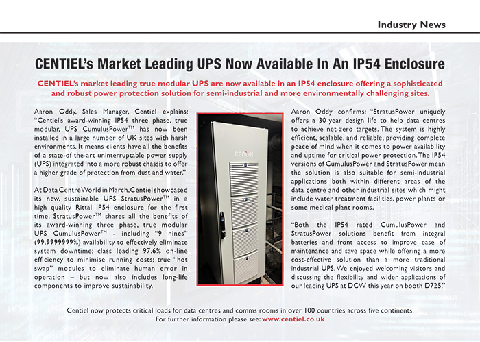 CENTIEL’s Market Leading UPS Now Available In An IP54 Enclosure