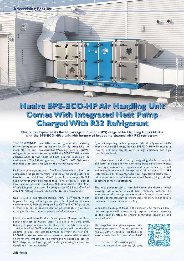Nuaire BPS‑ECO‑HP Air Handling Unit Comes With Integrated Heat Pump Charged With R32 Refrigerant