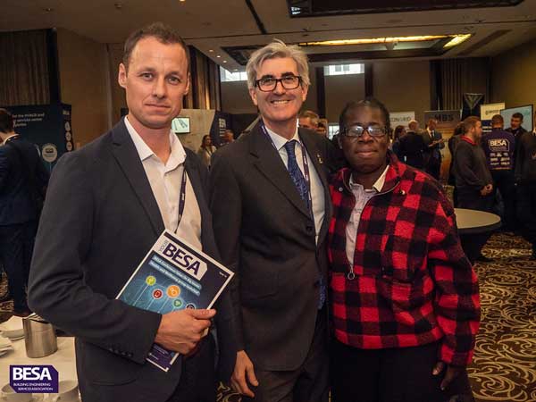 Chair of the BESA Health & Wellbeing in Buildings Group Nathan Wood, BESA Chief Executive David Frise and WHO advocate for air quality and health Rosamund Adoo Kissi-Debrah at last year’s BESA National Conference.